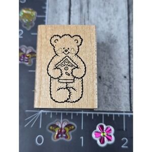 Darcie's Teddy Bear Holding Bird House F3811 Rubber Stamp Wood #U13